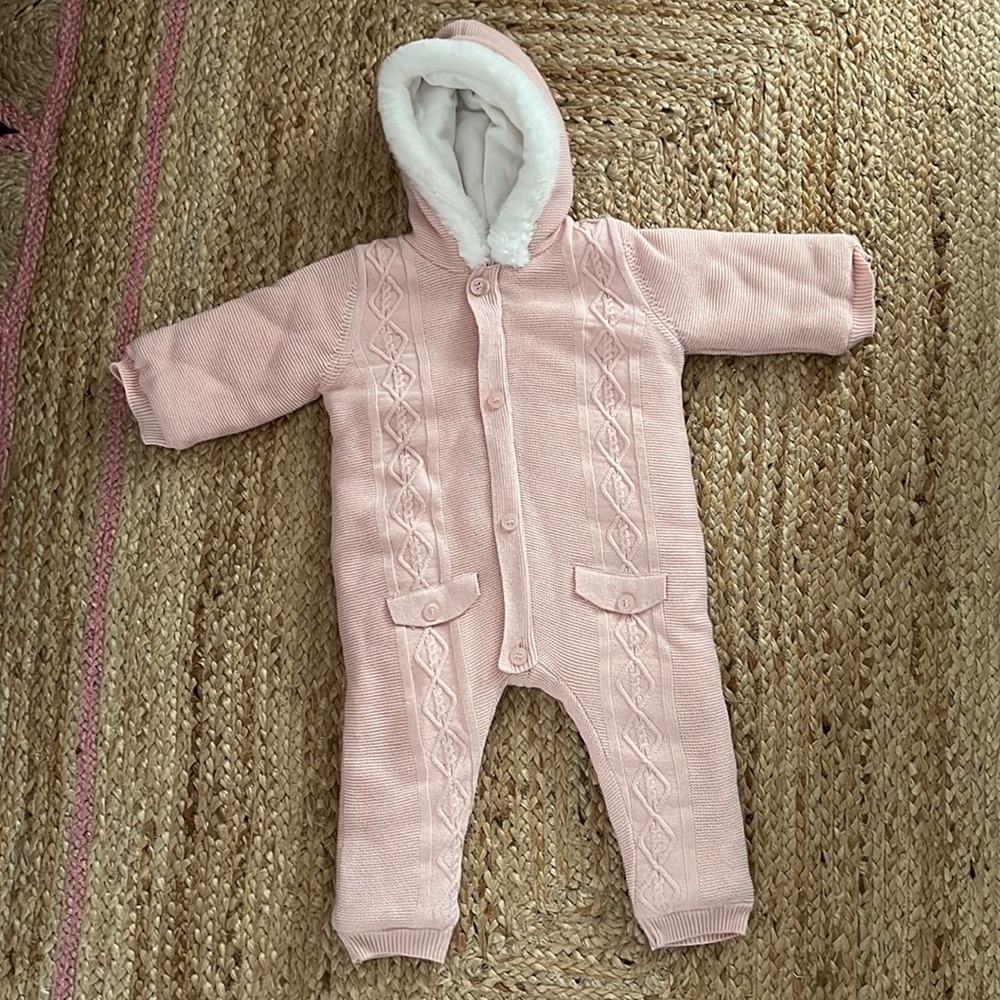 Mayoral Pink Heirloom Hooded Bunting Footie, Plush Lined, Cable Knit 6-9m